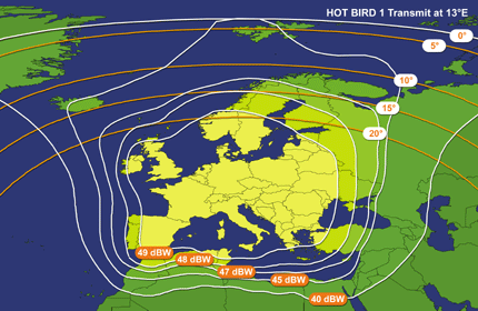 Карта покрытия спутника Hot Bird 1, 13E, европейский луч 