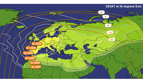Карта покрытия спутника Eutelsat Sesat, 36E, европейский луч 
