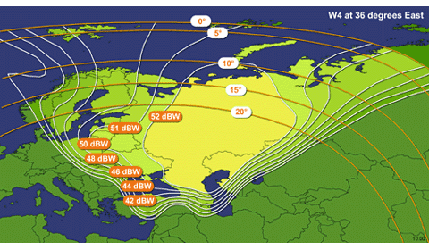 Карта покрытия спутника Eutelsat W4, 36E, российский луч