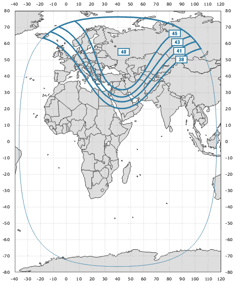 Карта покрытия спутника Экспресс A1R, 40E, C-band, пакет ОРТ/РТР/Культура 