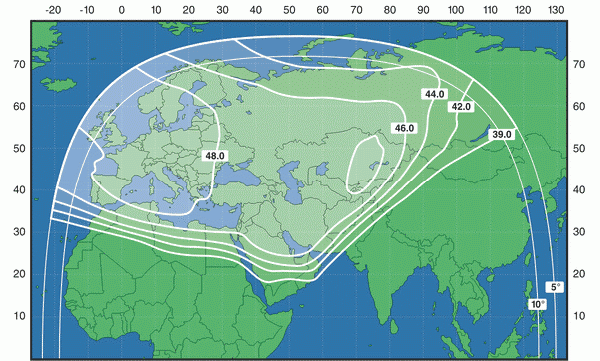 Карта покрытия спутника Экспресс AM 22, 53E, широкий европейский луч 