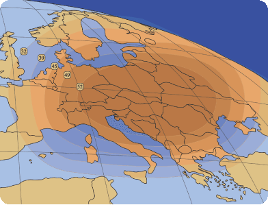 Карта покрытия спутника Amos 1, 4W, европейский луч 