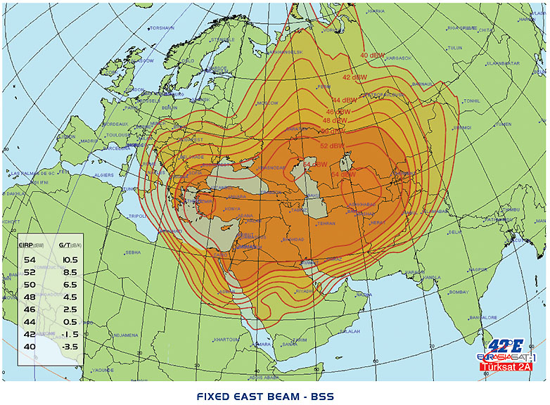 Карта покрытия спутника Eurasiasat 1, 42E, восточный луч 