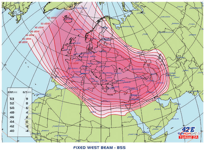Карта покрытия спутника Eurasiasat 1, 42E, западный луч 