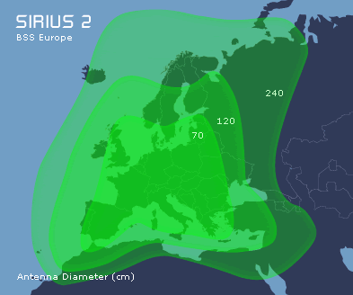 Карта покрытия спутника Sirius 2, 4.8E, луч BSS Europe 