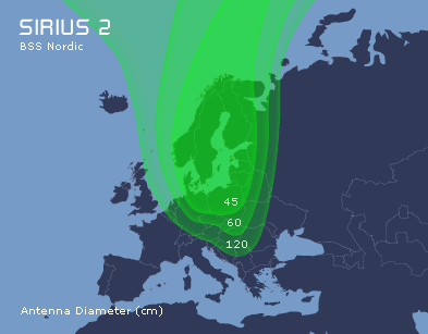Карта покрытия спутника Sirius 2, 4.8E, скандинавский луч 