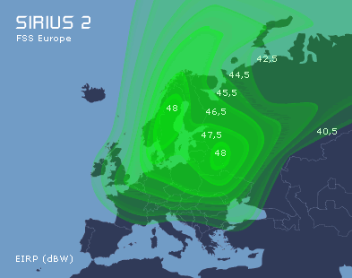 Карта покрытия спутника Sirius 2, 4.8E, луч FSS Europe 