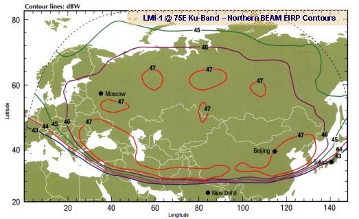 Карта покрытия спутника LMI-1, 75E, Ku-band, северный луч 