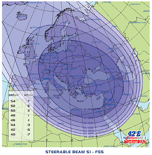 Карта покрытия спутника Eurasiasat 1, 42E, луч S1 