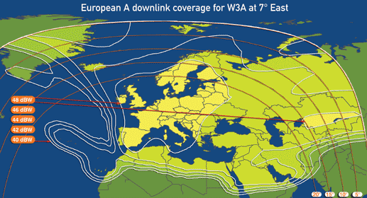 Карта покрытия спутника Eutelsat W3A, 7E, европейский луч A